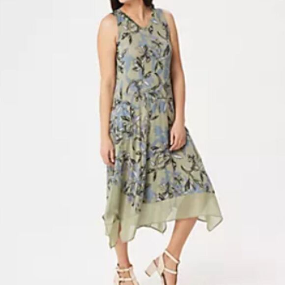 Logo Lori Goldstein Green Floral Dress Size Small - Picture 1 of 9